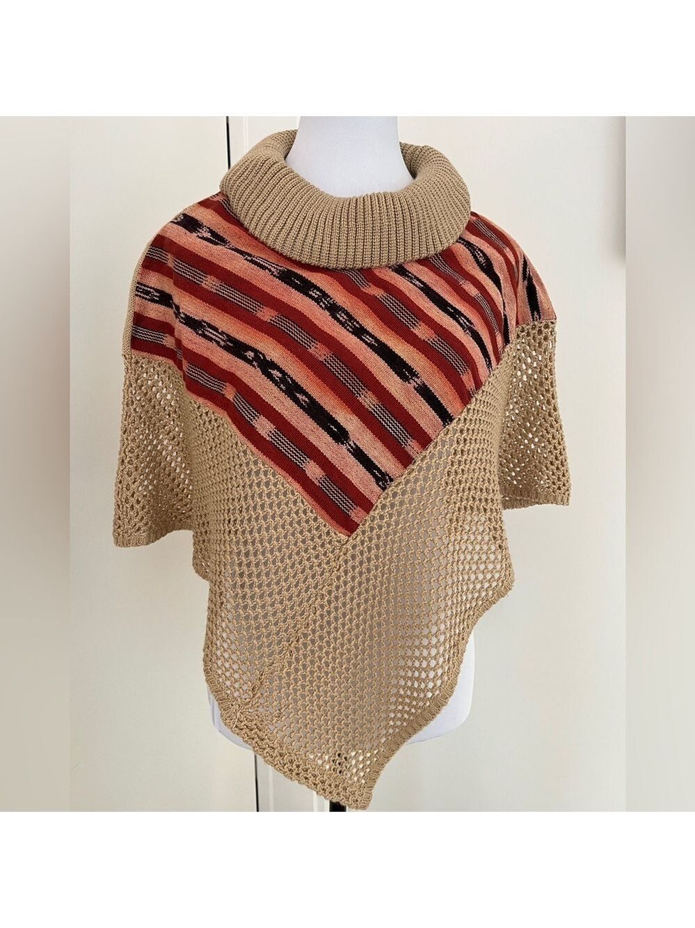 PONCHO Crochet Cowl Neck Southwestern Style Knit Short Boho Western Neutral
